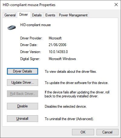 A screenshot of a HID-compliant mouse properties window with the Driver Details and Update Driver buttons.